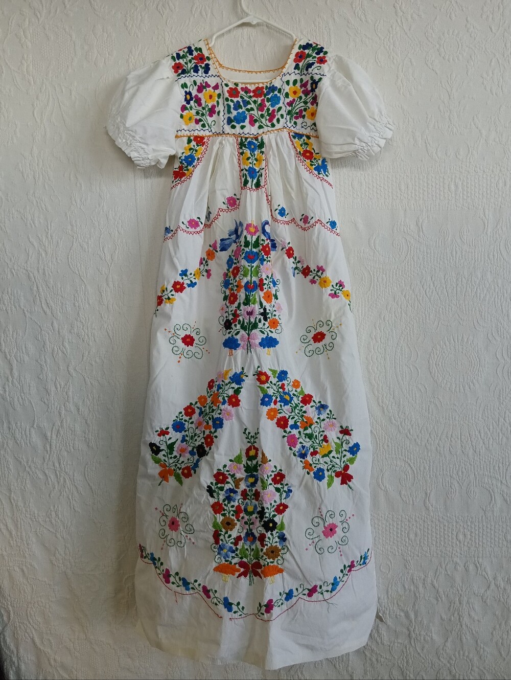 Vintage Hand Embroidered Mexican Dress Traditional Puebla Colorful Maxi Red Blue - Picture 14 of 14